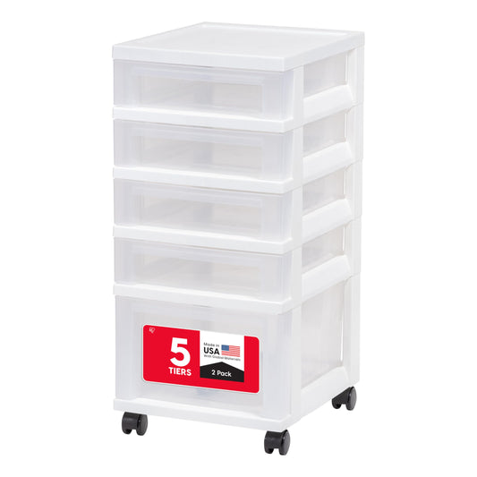 IRIS USA Craft Plastic Organizers and Storage, Rolling Storage Cart for Classroom Supplies, Storage Organizer for Art Supplies, Drawer Top Organizer for Small Parts, 5 Drawers, White/Clear
