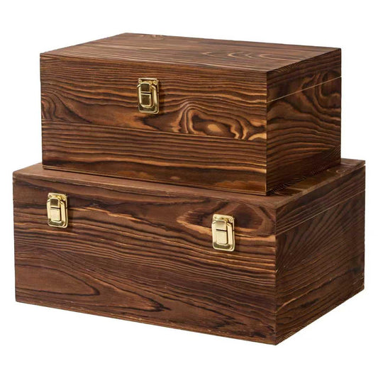 FORBRADS Set of 2 Vintage Brown Wood Boxes with Hinged Lid & Metal Latch, Wooden Crates Set for Photos, Letters, Crafts & Home Organization, Farmhouse Rustic Decor