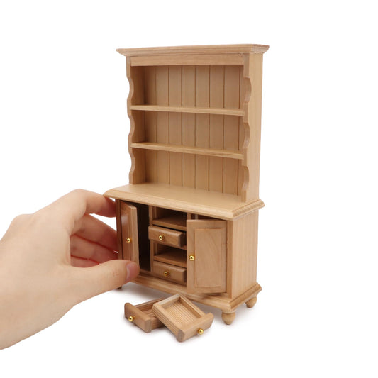 1:12 Scale Miniature Cupboard Bookshelf Classic Wooden Mini Storage Hutch Kitchen Dollhouse Bookshelf Wood Cabinet 1:12 Furniture Display Showcase Decoration Sideboard Accessories (Wood Color)