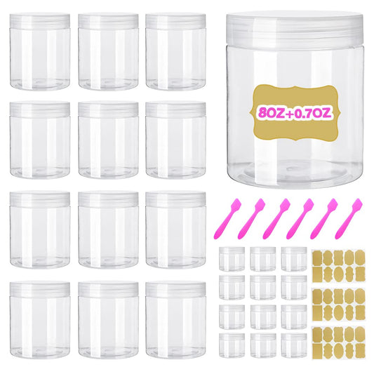 AMORIX 8oz Clear Plastic Jars with Lids 8 oz Plastic Containers with Lids + 20g Sample Containers (Set of 24) Airtight Container for Lip Scrub, Body Butters, Cream, Slime, Craft Storage