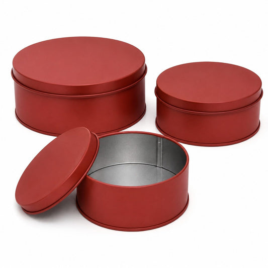 LUOZZY 3 Pcs Round Metal Cookie Tins Red Candy Storage Containers For Baking Pastries Craft Supply And Holiday