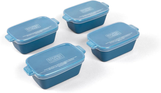Souper Cubes Stoneware - Small 5" x 3" Ceramic Baking Dish Set of 4 with Silicone Covers | Blueberry Color, Ideal for Reheating