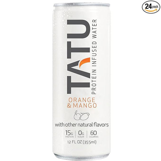 TATU Ready-To-Drink Protein Infused Water Orange Mango 24 Pack. 15 grams of whey protein isolate, 0 grams of sugar, only 60 calories. Lemon Ginger and Orange Mango. Gluten Free, lactose free.