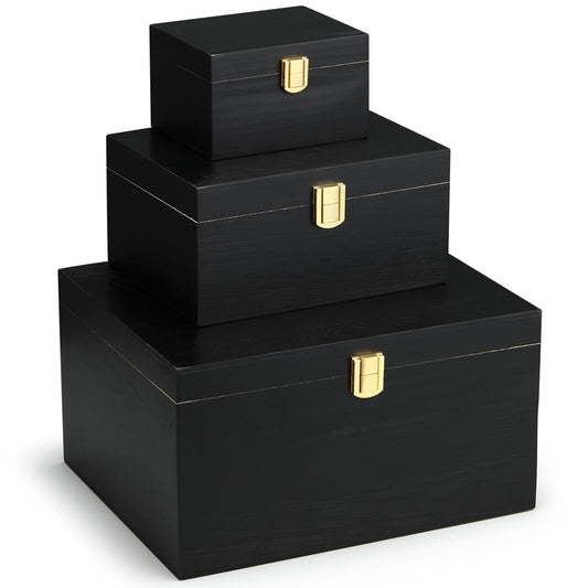 Novabright 3 Pack Wooden Keepsake Box, 3 Size Handmade Decorative Treasure Chest Box, Gift Ideas for Men & Women Jewelry Rings Storage(Black,Pine Wood,Simple)