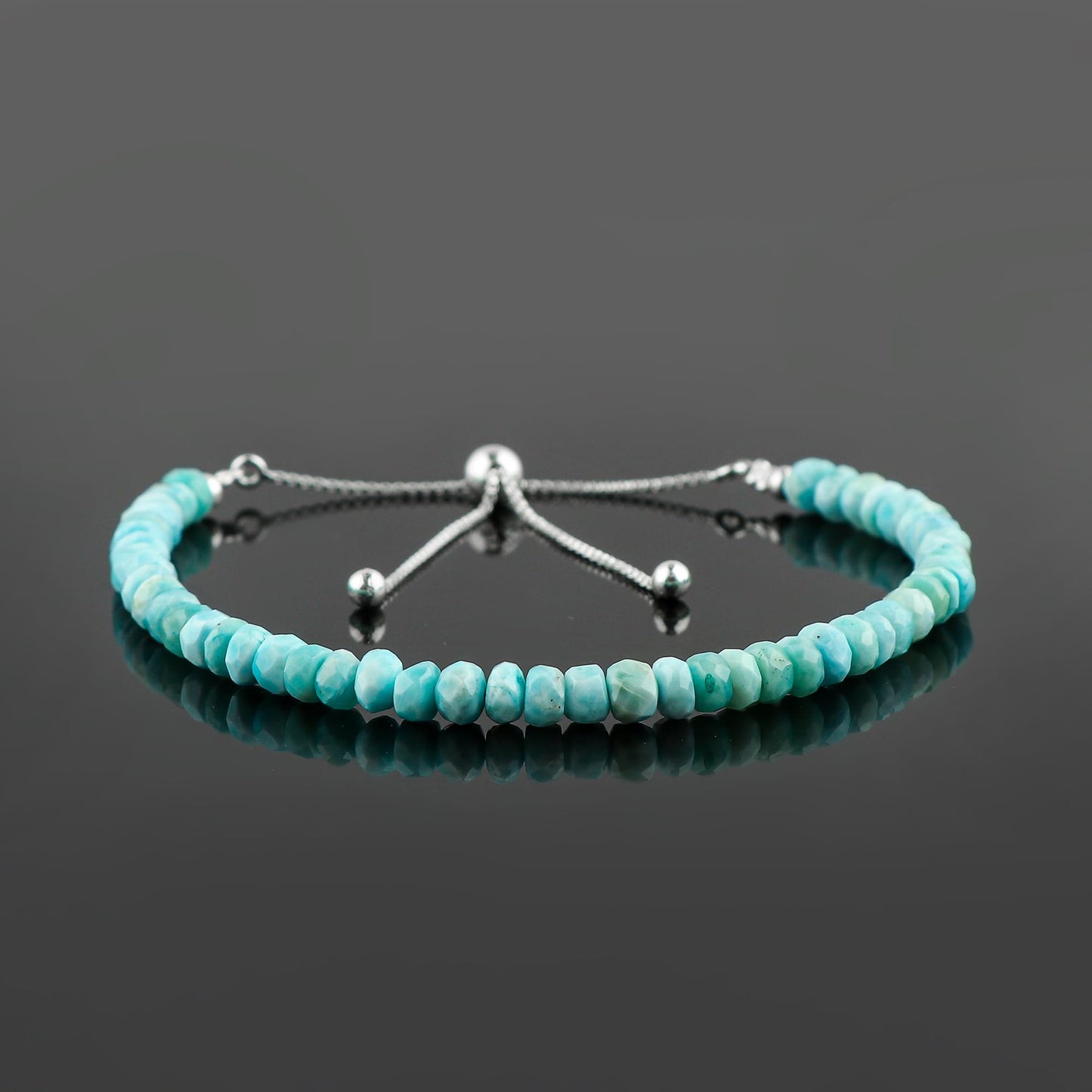 CRYSTALINES Natural Sky Blue Larimar Gemstone Bolo Bracelet, Faceted Beads Stones, Handmade Hypoallergenic Bohemian Jewelry for Women, Healing Crystals, Adjustable Silver Plated 6+4inch, Birthday Gift
