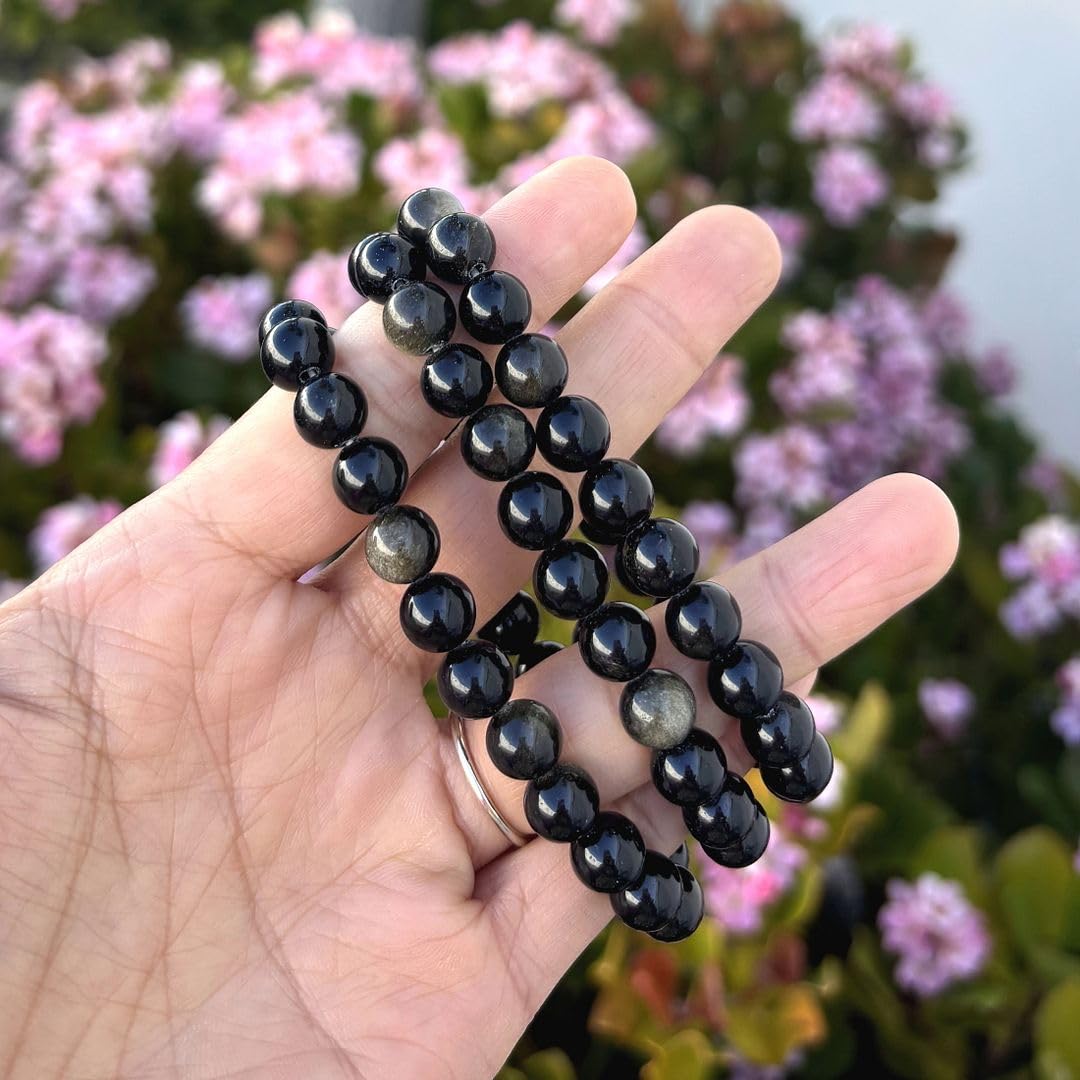 Adabele Real Natural Gold Sheen Obsidian Gemstone Beaded Bracelet 7 inch Stretch Chakra Healing Crystal Stone Jewelry Energy Quartz Rock GB8-24
