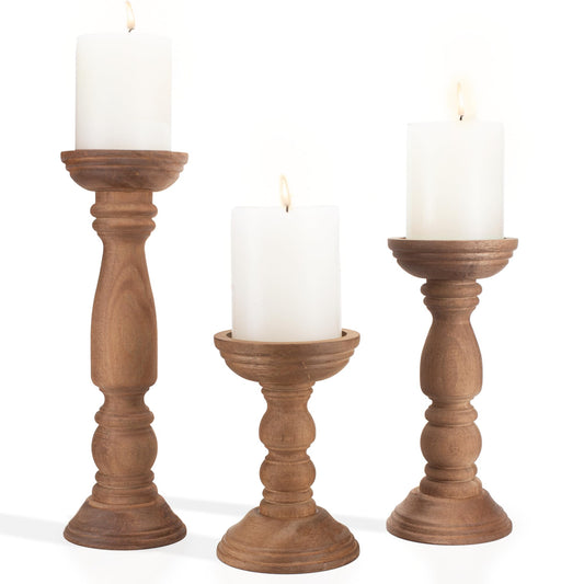 BANOMII Farmhouse Wooden Candle Holders for Pillar Candles Set of 3, Rustic Wood Candle Holder Table Centerpiece Decor, 12'' 9'' 6'' Vintage Tall Candle Stand Decorative, Brown