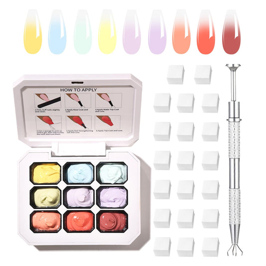 AOBOO Ombre Gel Nail Polish with Nail Art Sponges for Pat Gel Ombre Color Palette Blush Effect Pat Painting Gradient Blooming Gels 9colors for Ombre Nails Multistyle French Manicure DIY