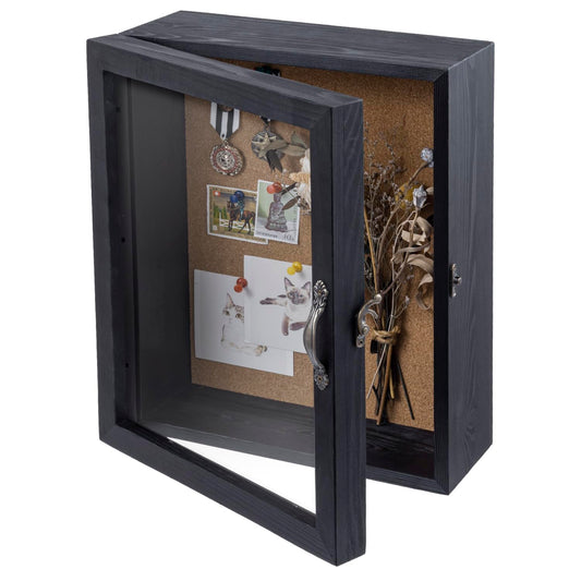 MyGift 11x14 Deep Shadow Box with Cork Board Backing, Wall Mounted Display Case with Clear Acrylic Front Window Panel, Metal Handle and Latch, Vintage Black Solid Wood, for Wedding, Graduation