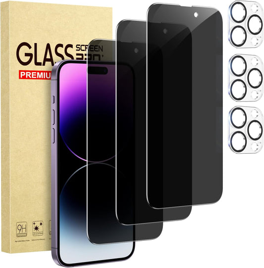 3 Pack 14 Max+3 Pack Cutebe Privacy Screen Protector for iPhone Pro Camera Lens Protector with Tempered Glass, Touch