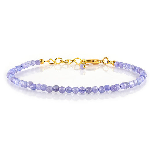 Natural Blue Tanzanite Gemstone Micro Beads Dainty Bracelet Jewelry for Women, December Birthstone, Chakra Energy Crystals, 14k Gold Plated Chain 8 inch Adjustable
