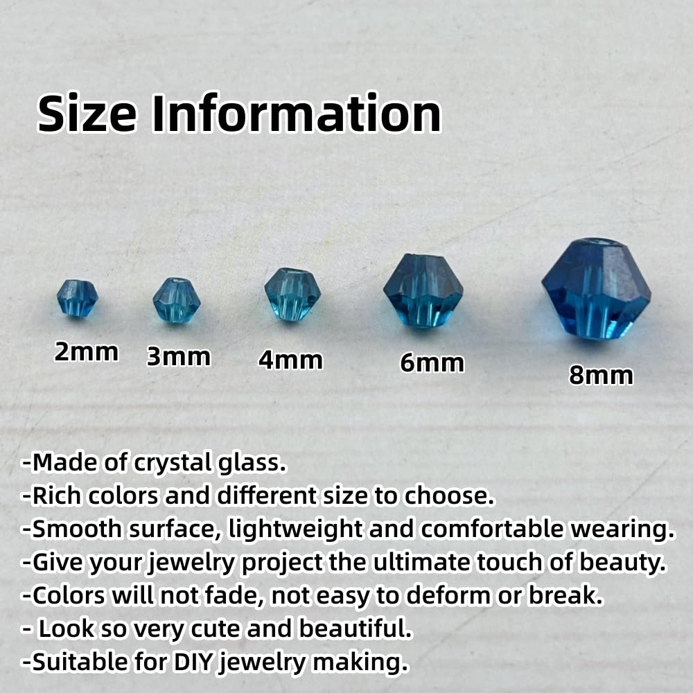 Pinhoollgo 1310pcs Bicone Crystal Glass Beads 2mm 3mm 4mm 6mm 8mm Faceted Crystal Spacer Beads for Bracelets Necklace Pendants Earrings DIY Jewelry Craft Making(Peacock Blue)