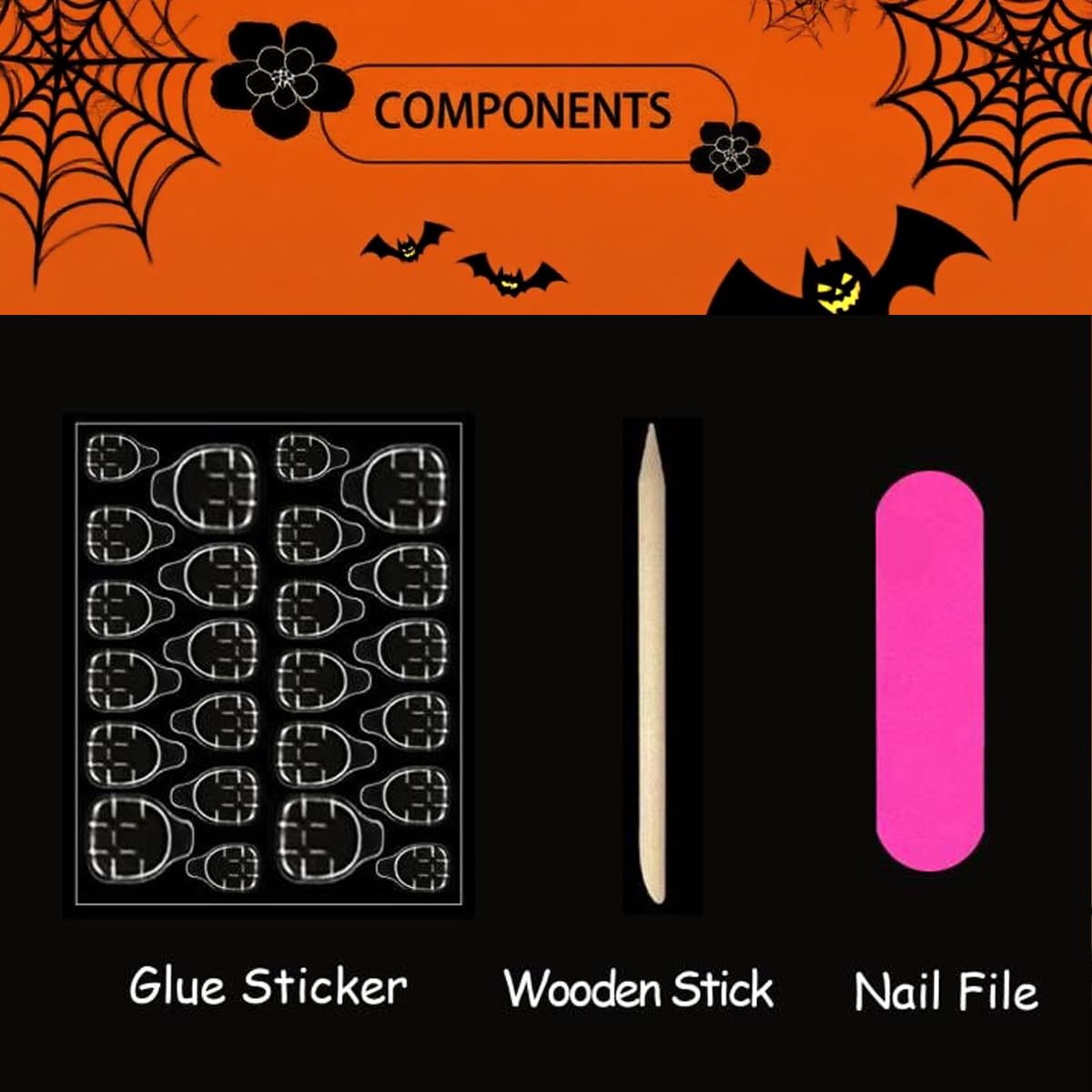 Halloween Press on Nails Short Square Fake Nails Ghost Bat False Nails White Black Design Stick on Nails Artificial Handmade Full Cover Acrylic Glue on Nail for Women Nail Art Decoration 24Pcs