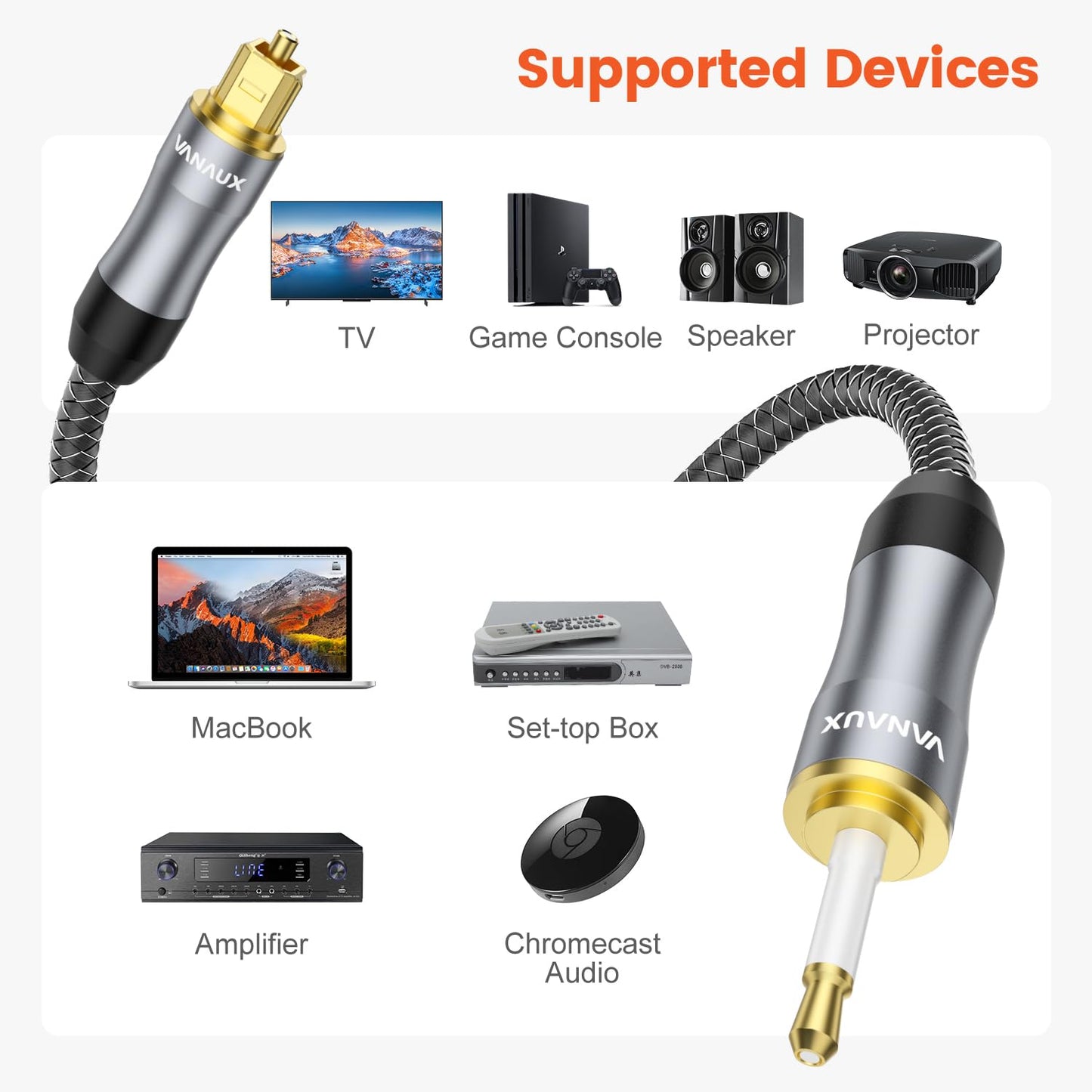Cable,24K (2ft/0.6m) VANAUX Toslink to Mini Toslink Digital Optical Cable,S/PDIF Fiber Optic Audio Gold Plated