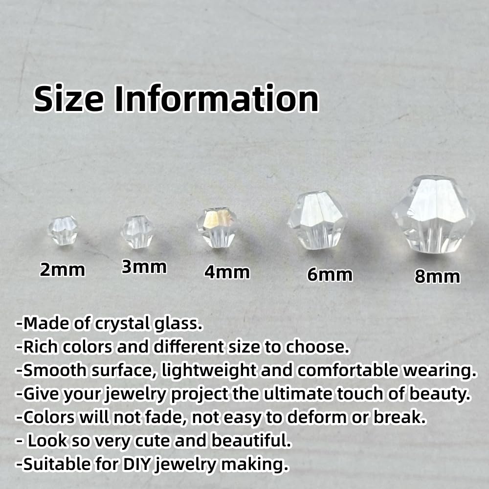 Pinhoollgo 1310pcs Bicone Crystal Glass Beads 2mm 3mm 4mm 6mm 8mm Faceted Crystal Spacer Beads for Bracelets Necklace Pendants Earrings DIY Jewelry Craft Making(Transparent AB)