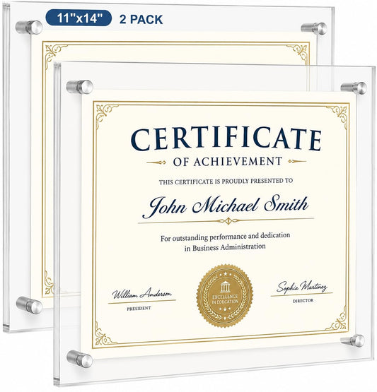 EHWINE 11x14 Acrylic Picture Frame Wall Mount 2 Pack, Floating Frameless Clear Photo Display, Certificate Diploma Poster Document Frame for Home, Office, School, Gallery Decor with Silver Hardware