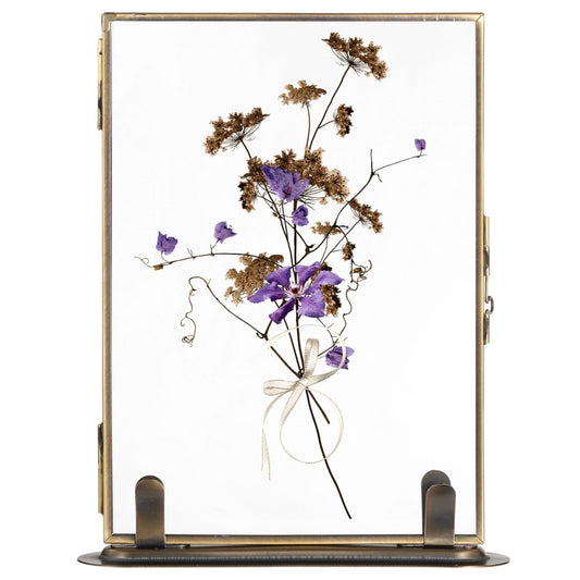 Vintage Floating Glass Frame, Tabletop Floating Picture Frame for Dry Flowers, Double Glass Pressed Flower Display Frame with Metal Base, Shelf Photo Frames for Home Office