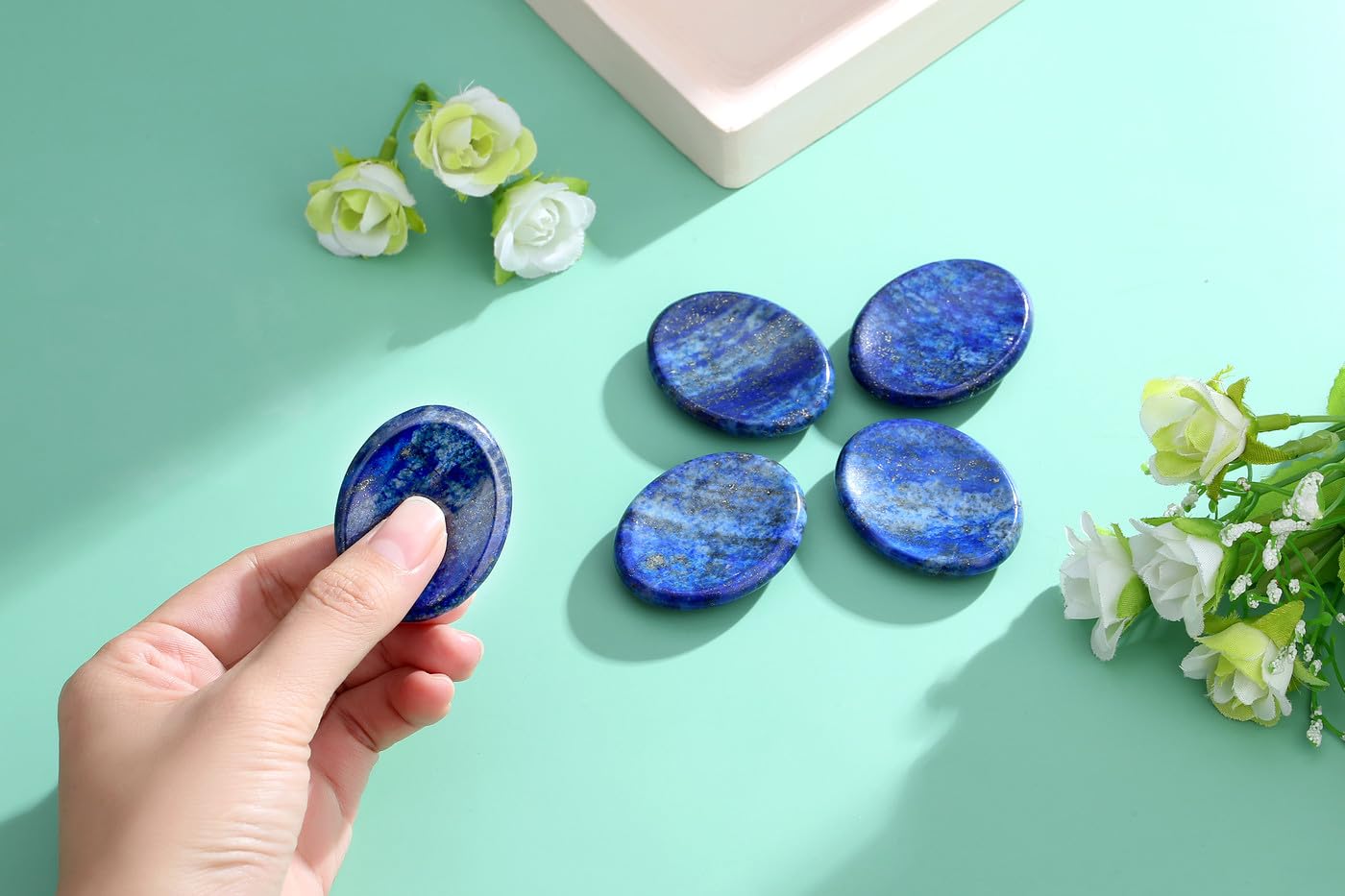 NUKAYAI Thumb Worry Stone Lapis Lazuli Stone Crystal Natural Healing Crystals Oval Tiny Stress Relief Gifts Small Trinkets Fidget Palm Meditation Accessories Anxiety Relief Items for Women Men