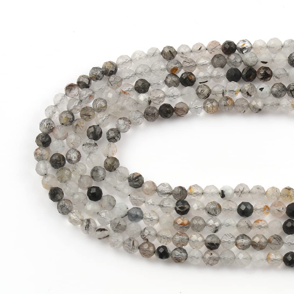 Song Xi 90pcs 4mm Natural Black Rutilated Quartz Gemstone Beads Faceted Round Loose Stone Beads for Jewelry Making