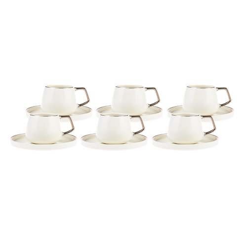 KARACA Saturn Platin Turkish Coffee Cup Set of 6, (12 Piece) White Cups with Saucers - 3.3 oz Small Porcelain Modern Set - Ideal for Serving Greek, Arabic Coffee & Espresso