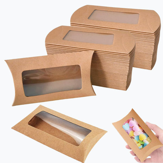 100 Pcs Pillow Gift Boxes with Windows,Kraft Paper Mini Pillow Packaging Box, Creative Favor Box Folding Treat Boxes with Clear Window for Bakery Candy Chocolate Jewelry Display Wedding Party Favor (kraft 100Pcs)