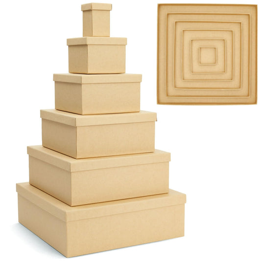 Bright Creations Nesting Boxes - 6-Pack Brown Squares With Lids, 12 x 12 to 2 x 2 In, 4 in H - Paper Mache & Square Boxes