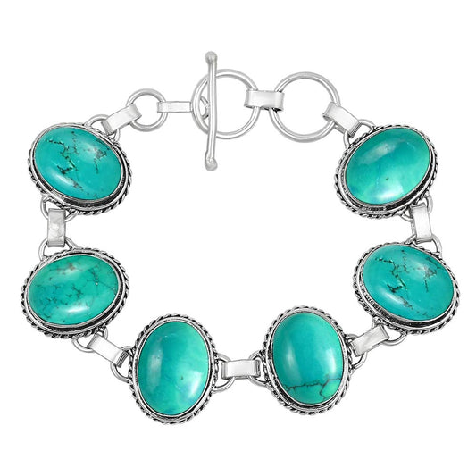 Natural Turquoise Silver Plated Handmade Link Bracelet for Women - Brown Color Oval Shape Gemstones December Birthstone Statement Adjustable Vintage Style Bracelet - Gifts for Mom Wife Her