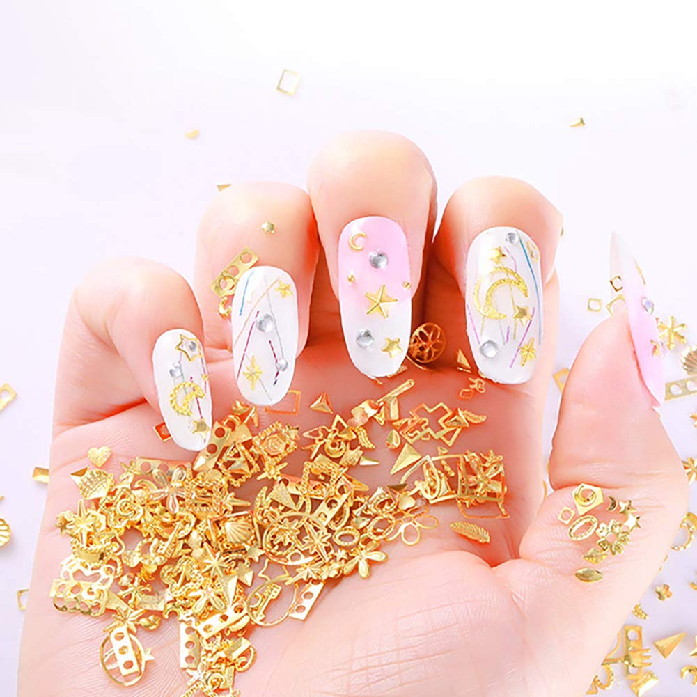 DANNEASY Gold Nail Studs Metal Nail Charms 3d Nail Art Charms Manicure Decoration Kit Star Moon Shell Cross Flower Nail Jewels with 1pc Curved Tweezers, Wax Pen (6 Wheels)