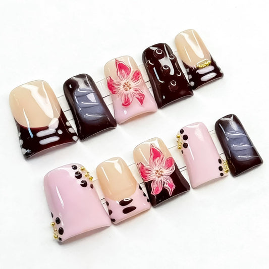 10 Pcs Handmade Duck Press on Nails 3D Art Flower Fake Nails with Golden Pearl Design Reusable Artificial Acrylic False Nail for Women Girls DIY（Size M)