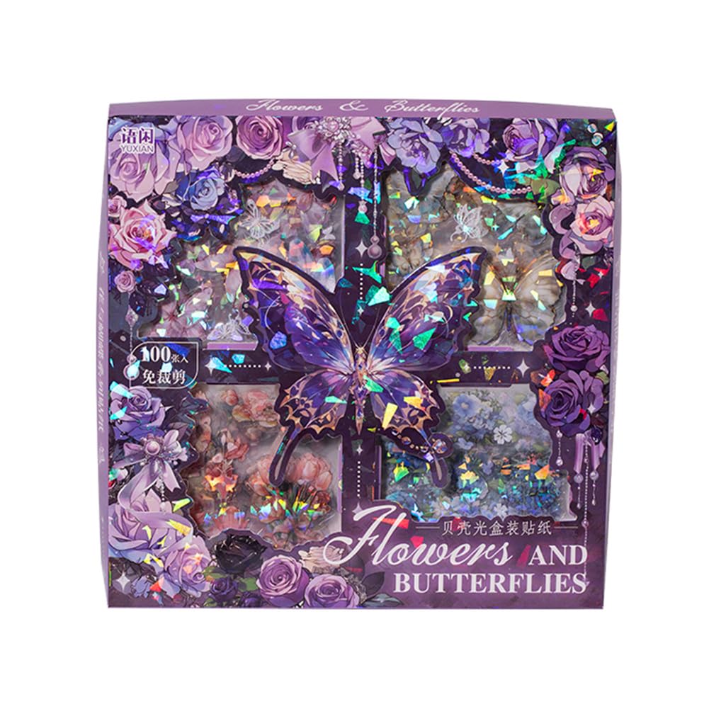 MAFELOE PET Scrapbook Stickers, 100 Sheets of Box Set, Aesthetic Deco Journaling Supplies for Junk Bullet Album Calendars Diary Planner- Flower& Butterfly Series