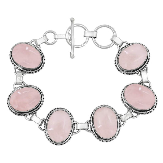 Natural Rose Quartz Silver Plated Handmade Link Bracelet for Women - Pink Color Oval Shape Gemstones January Birthstone Statement Adjustable Bracelet - Valentine Day Gifts for Her