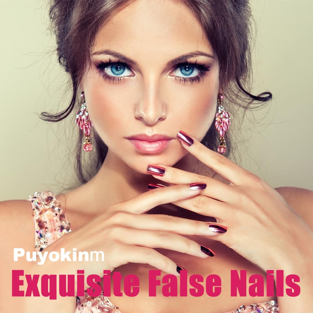Gold Press on Nails Short Square Fake Nails Gold Chrome False Nails Mirror Design Glossy Glue on Nails Metallic Full Cover Acrylic Stick on Nails Artificial Nails for Women Girls Manicure 24Pcs