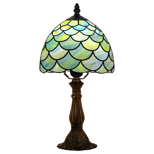 MOAN Small Lamp Stained Glass Table Lamp 8X14.5 Inch Bedside Reading Light Antique Light Desk Lamp(Green Fish Scale Style)