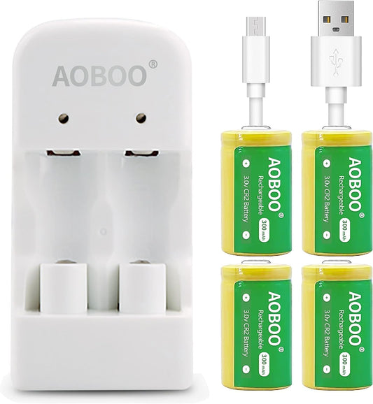 AOBOO CR2 3V 4pcs Set CR-2W/4P CR15H270 Rechargeable Battery + Charger Compatible with Golf Rangefinder Camera