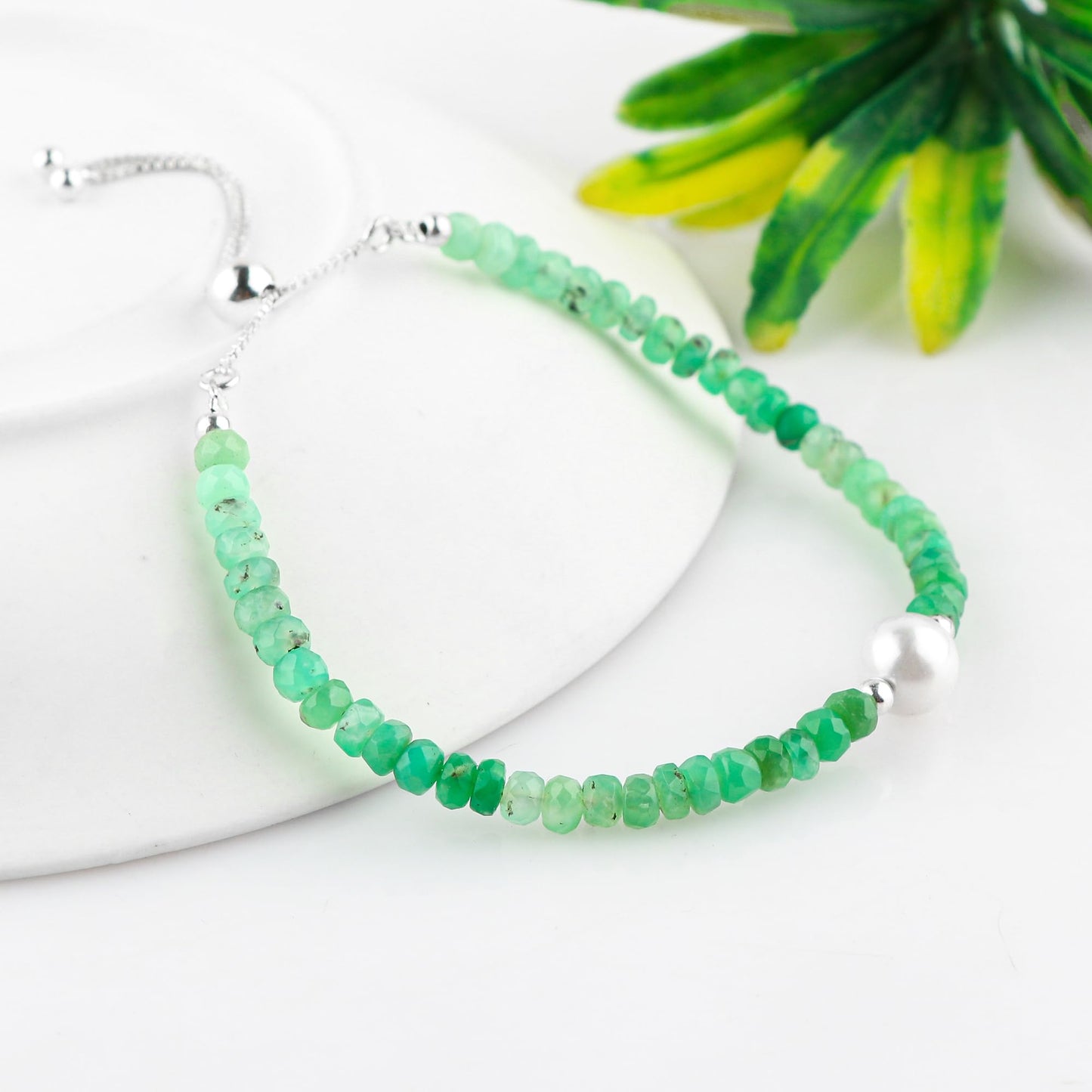 CRYSTALINES Natural Chrysoprase Gemstone Bolo Bracelet with Cultured Pearl, Handmade Boho Jewelry, Healing Crystals, Faceted Stones, Silver Plated Slider, Christmas Gift for Women, 10inch