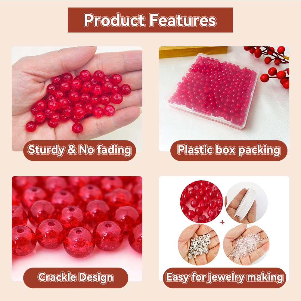 PAMIR TONG 400pcs 8mm Round Crackle Red Glass Beads for Bracelet Pretty Smooth Loose Beads for Necklace-Earring-Jewelry Making, Home Deco and DIY Crafts & Projects