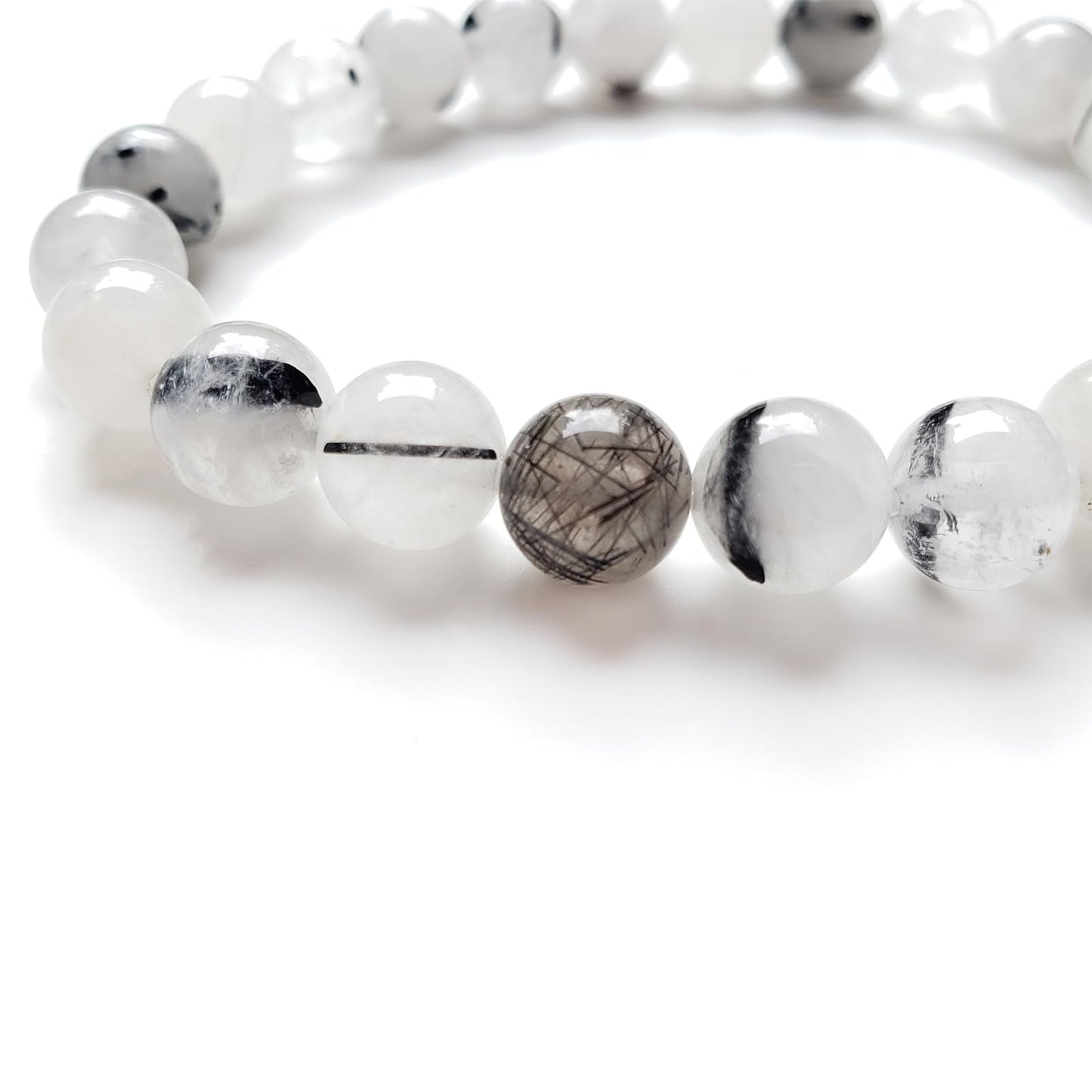 chengmu 8mm Black Rutilated Quartz Stretch Bracelet, Natural Gemstone Round Stone Crystal Beads for Beaded Elastic Bracelet 7.5"