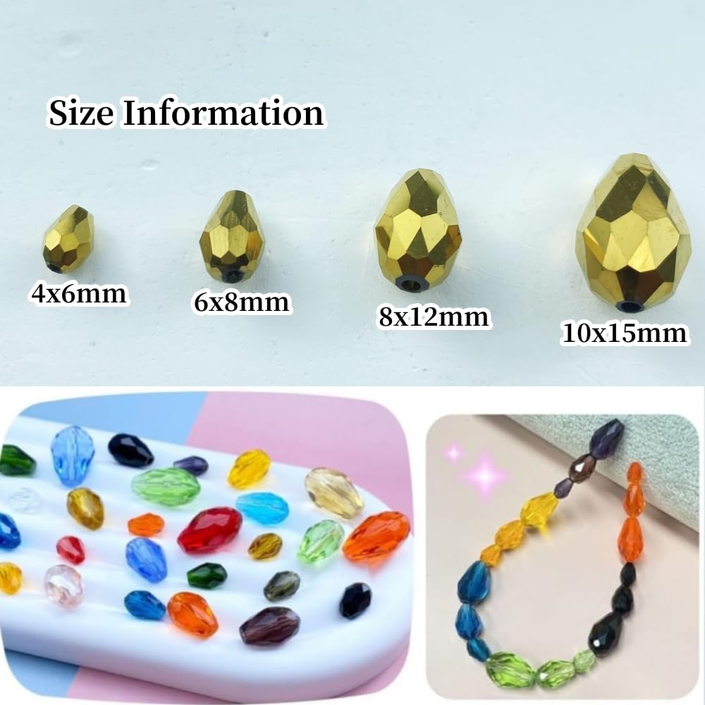 Honkoolly 200pcs 4x6mm Teardrop Crystal Glass Beads Vertical Hole Faceted Glass Teardrop Spacer Beads for Bracelets Necklace Earring DIY Jewelry Making Craft(Gold)