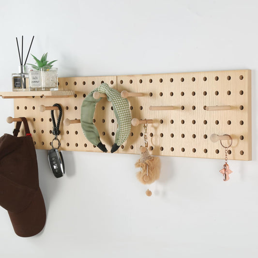UMICAL 2 Pack Beige Wooden Pegboard, Modular Wall Organizer Storage Shelf with Hooks, Multi‑Use Display Peg Board for Home Office Bathroom Laundry Room