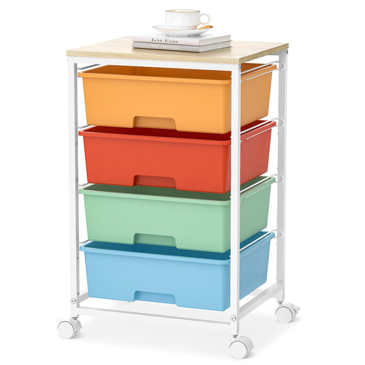 Utility-Rolling-Storage-Drawer-Craft-Cart-Organizer with 4 Drawers and Wooden Tabletop & Lockable Wheels for Home Office, Bedroom, Kids Room, Classroom, 4 Tiers Under Desk Drawer Cart, Macaron