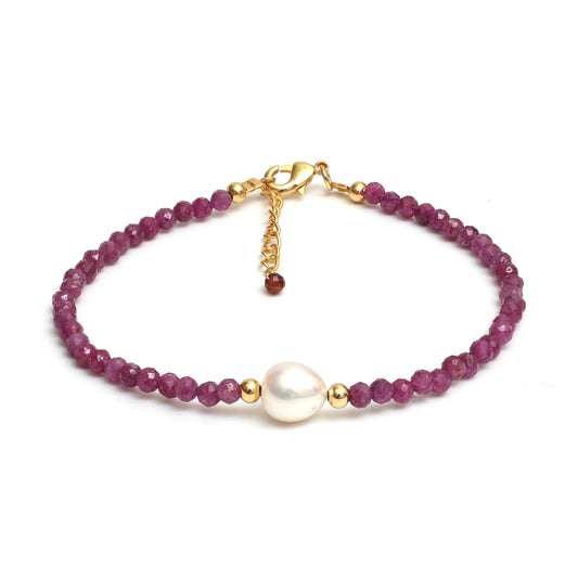 Gempires Pink Ruby Beaded Bracelets with Pearl Choker Crystal Jewelry July Birthstone Gifts 7.5 Inch Gold Plated Lightweight Gemstone Bracelets Gifts for All Occasions