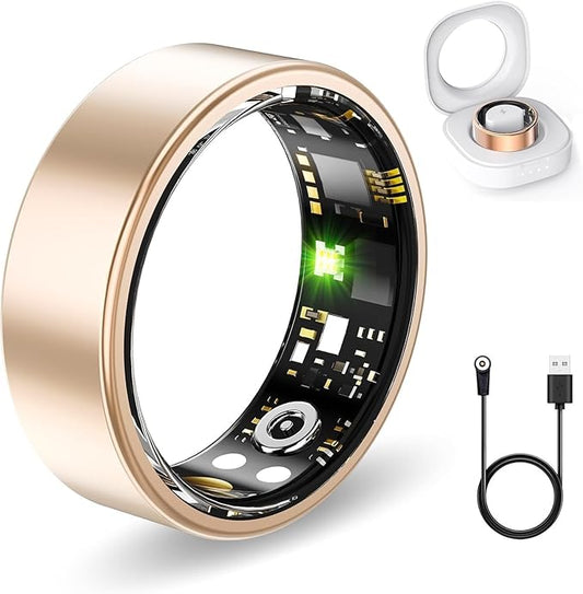 Smart Health Rings for Women Men, Fitness Tracker with Heart Rate, Blood Oxygen, HRV, Sleep Tracker, Step Tracker, No Subscription Fee, IP68 Waterproof Smart Ring for iphone & Android (Gold, 8#)