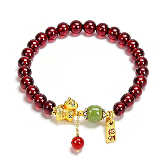 Buddha Stones 5mm Red Garnet Bracelet for Women Gold Horse Bracelet with Hetian Jade and Agate, Feng Shui Wealth Zodiac Bead Charm Bracelets Healing Crystal Jewelry Gifts 6.7 Inch