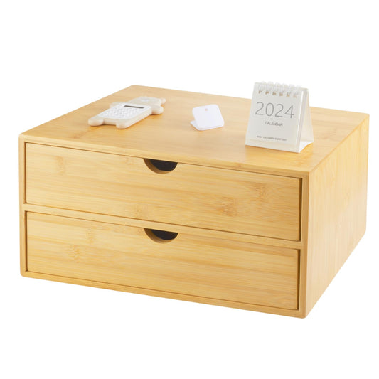 Charmewooden Bamboo Desk Organizer with Drawers, Countertop Organizer with Drawers Makeup Storage Drawer 2 Drawers Tabletop Storage Organization Box Home Office Workspace Bathroom Toiletries Supplies