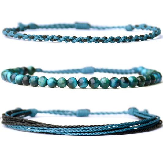 Handmade Natural Stone Beaded Healing Bracelet Gift for Men Adjustable Rope String Bracelet (Tiger Eye（Cyan）, Adjustable)