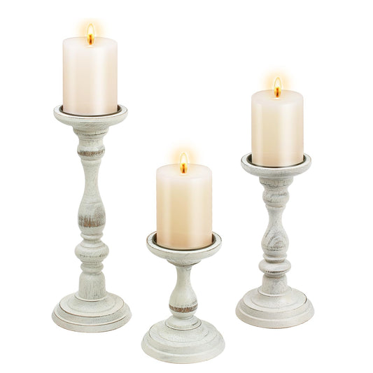 Rustic Distressed Wooden Candle Holder Set of 3 for Pillar Candles, Farmhouse Wood Candle Stands for Table Centerpieces & Living Room Home Decor (Rubber Wood(Distressed White))