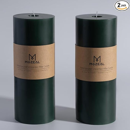 MOZEAL 4" x 10" Extra-Large Dark Green Pillar Candles (Set of 2),Unscented,Dripless, Smokeless,Long Clean-Burning,These Tall 10 inch Large Green Pillar Candles Perfect for Weddings and Christmas Decor