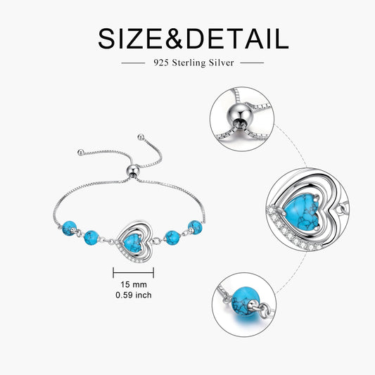 PEIMKO 925 Sterling Silver Heart Turquoise Exquisite Bracelet Boho Style Bracelet Jewelry Gifts for Women Mother-7