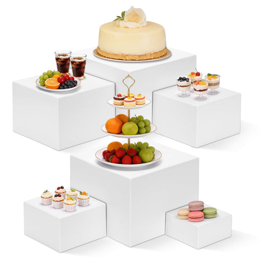 nplehome 6 Pcs Buffet Risers, White Acrylic Large Food Risers for Buffet Table with Mini Table Sign, Display Stand Shelf for Party, Catering Cube Nesting Boxes (9" 8" 7" 6" 5" 4" )