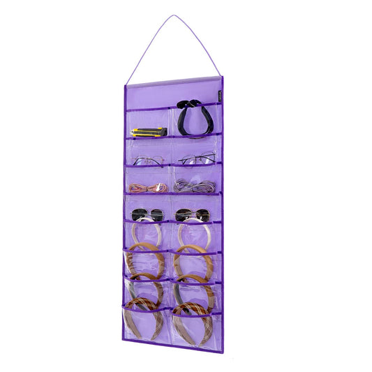 ANZORG Wall Hanging Headband Organizer Ribbon Hair Hoops Storage Hairbands Hair Accessory Holder with Clear Pockets (PURPLE-16 POCKETS)
